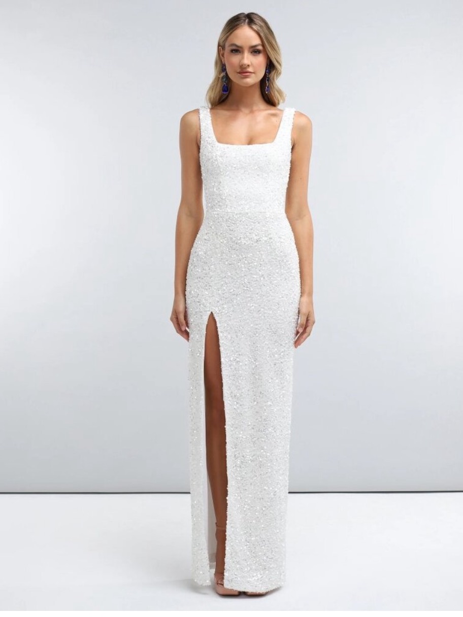 Helsi Marilyn Sleeveless Sequin Side-Slit Maxi Dress In Ivory Size M